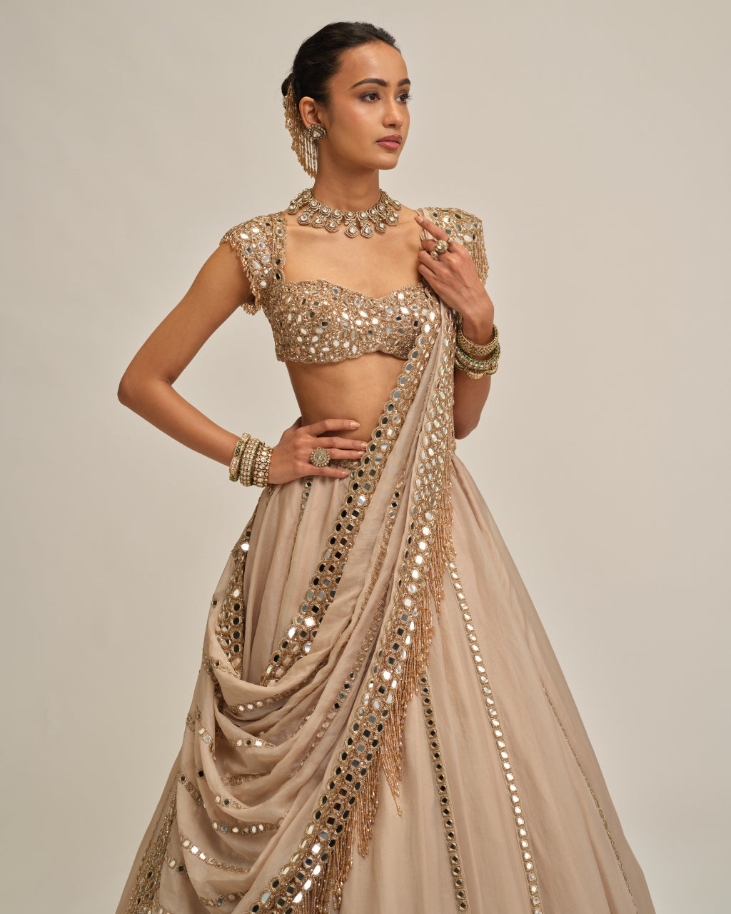 Light Beige Mirror Linear Embroiderd Lehenga Set