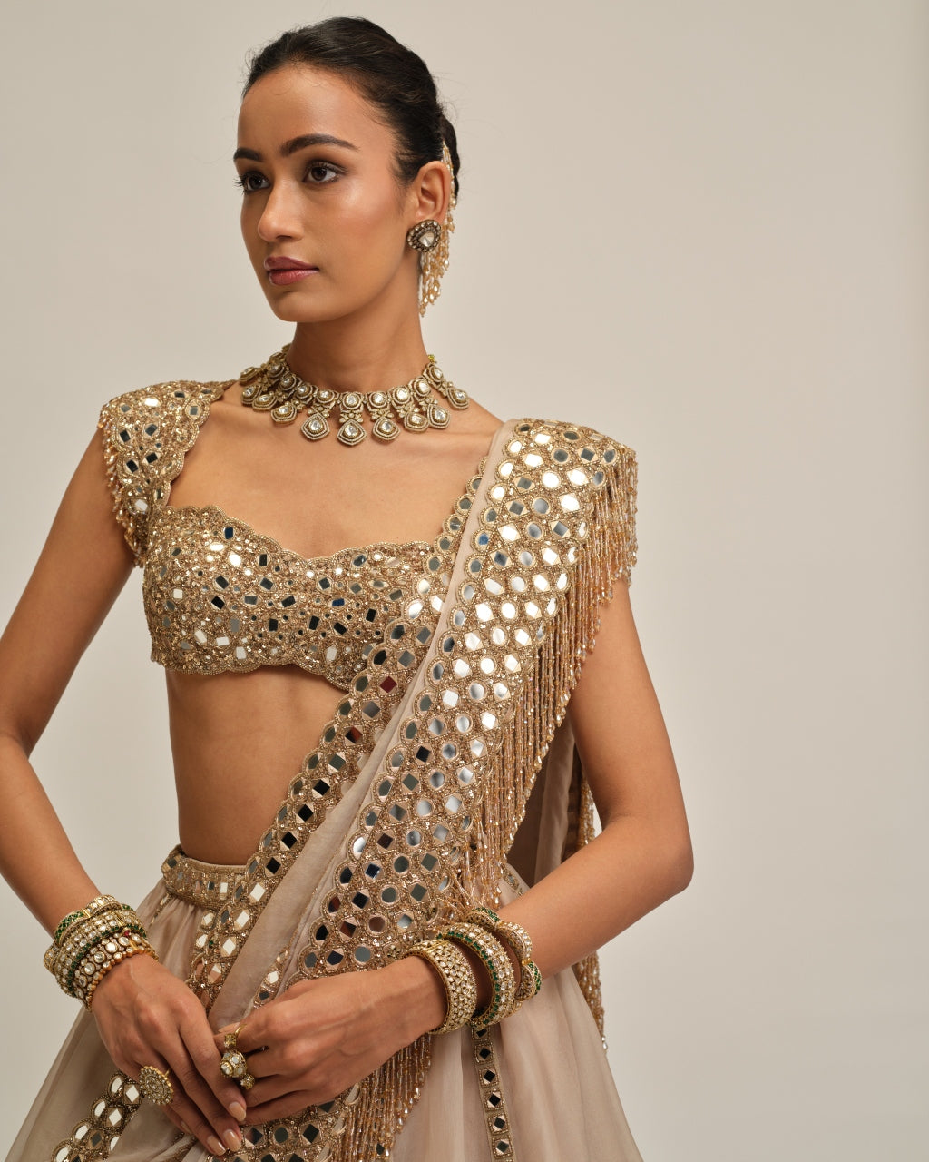 Light Beige Mirror Linear Embroiderd Lehenga Set