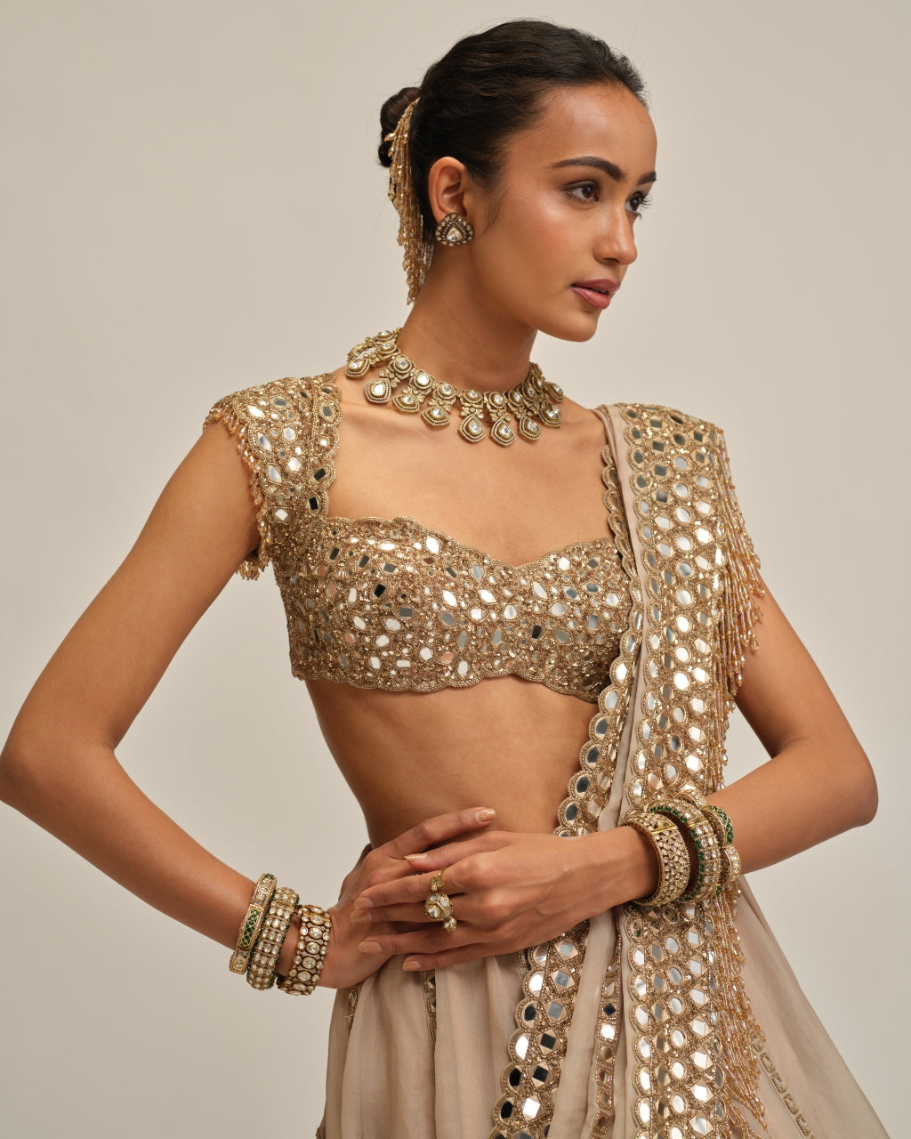 Light Beige Mirror Linear Embroiderd Lehenga Set