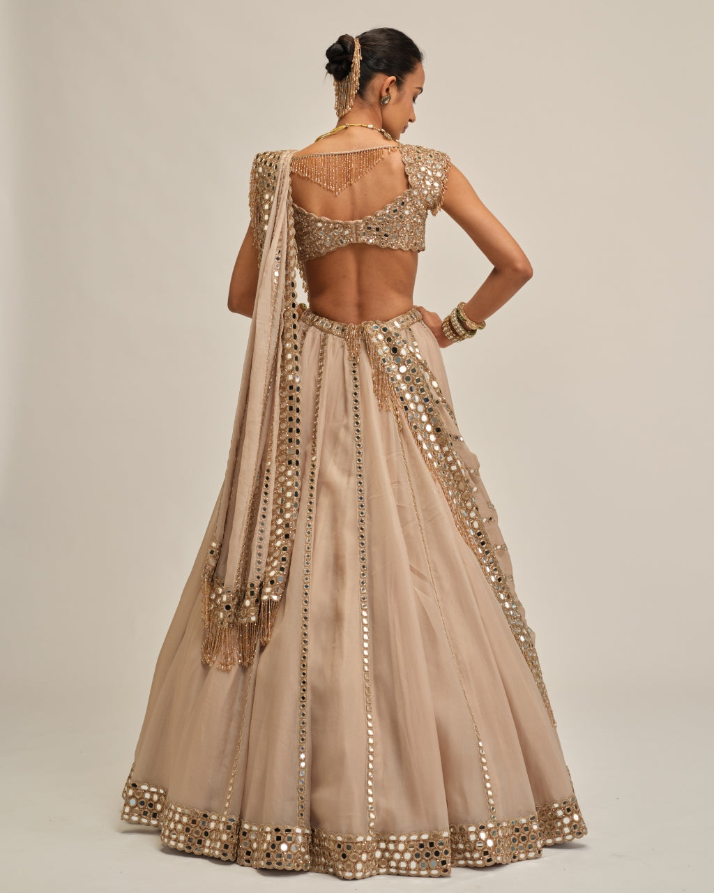 Light Beige Mirror Linear Embroiderd Lehenga Set