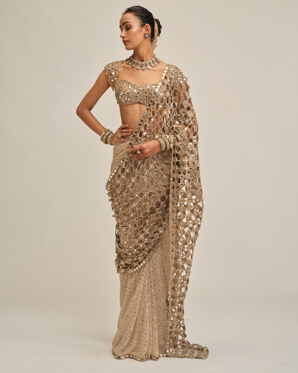 Light Beige Cutwork Pallu Sari Set