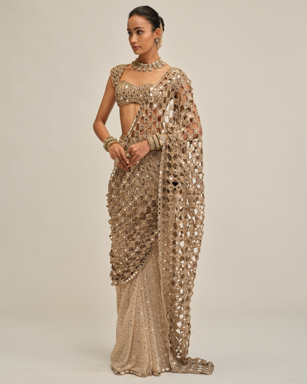 Light Beige Cutwork Pallu Sari Set