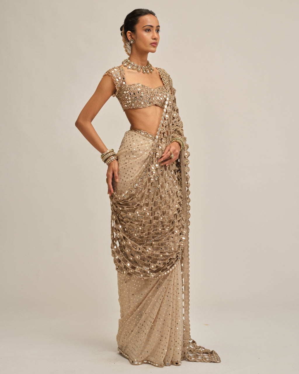Light Beige Cutwork Pallu Sari Set