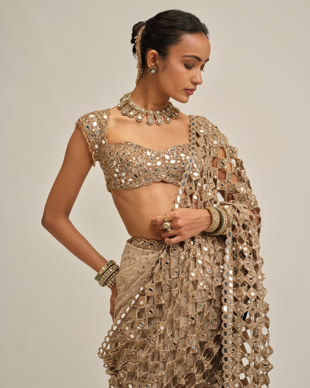 Light Beige Cutwork Pallu Sari Set