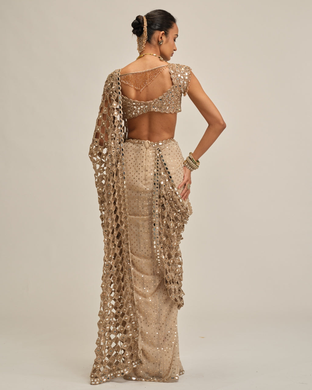 Light Beige Cutwork Pallu Sari Set