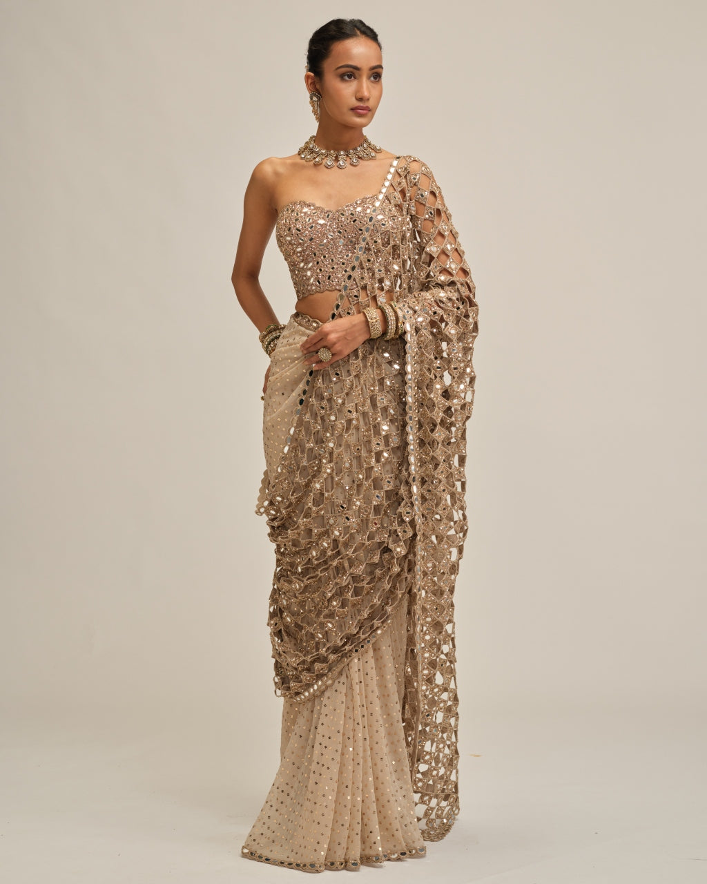 Light Beige Cutwork Pallu Sari With Corset Set
