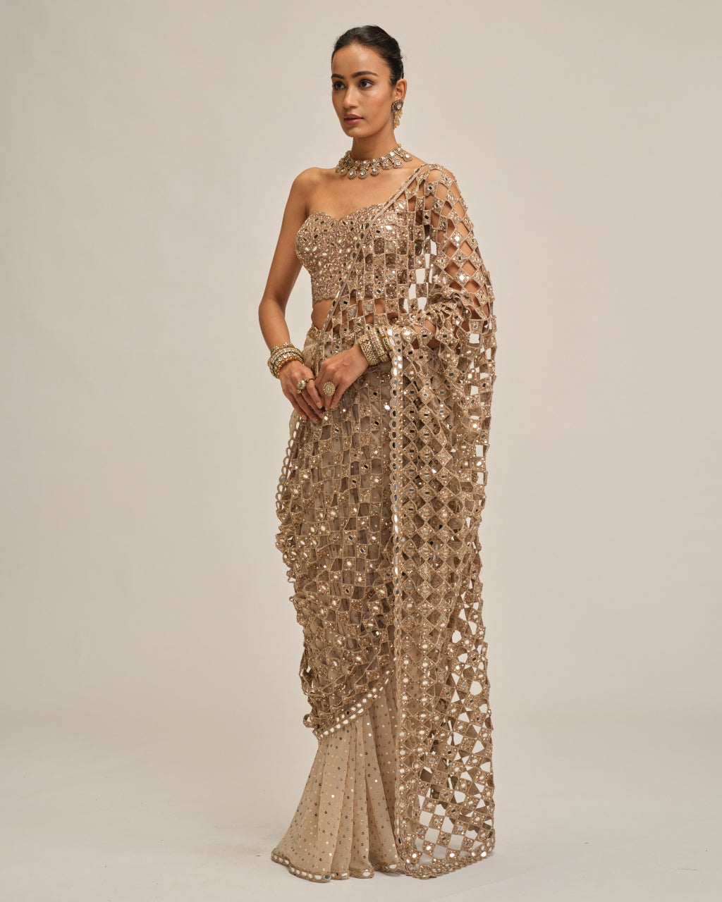 Light Beige Cutwork Pallu Sari With Corset Set