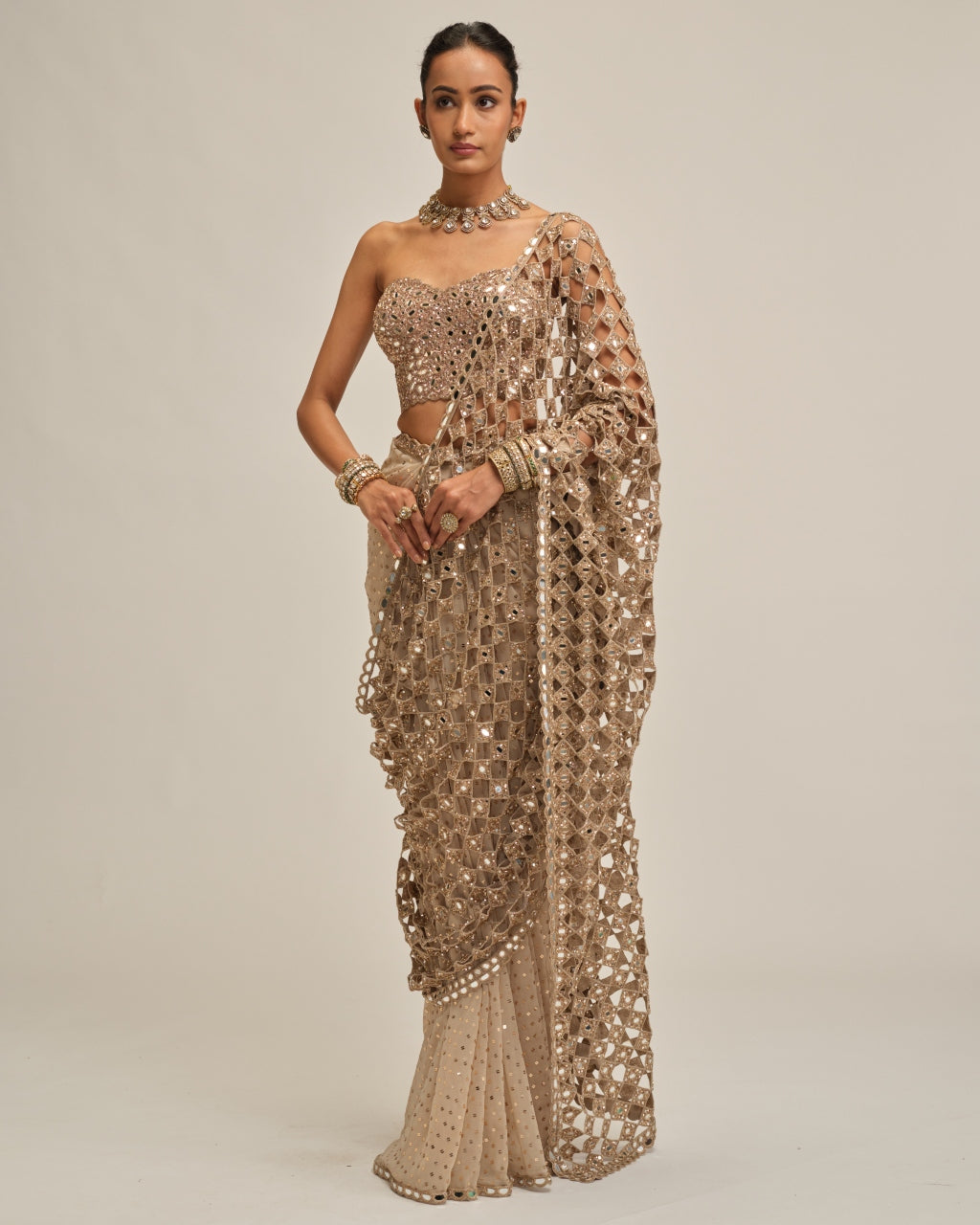 Light Beige Cutwork Pallu Sari With Corset Set