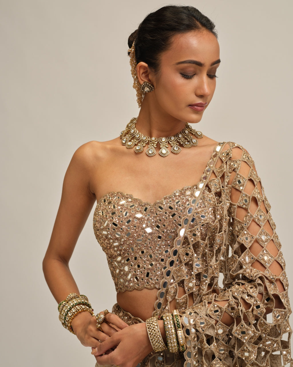 Light Beige Cutwork Pallu Sari With Corset Set