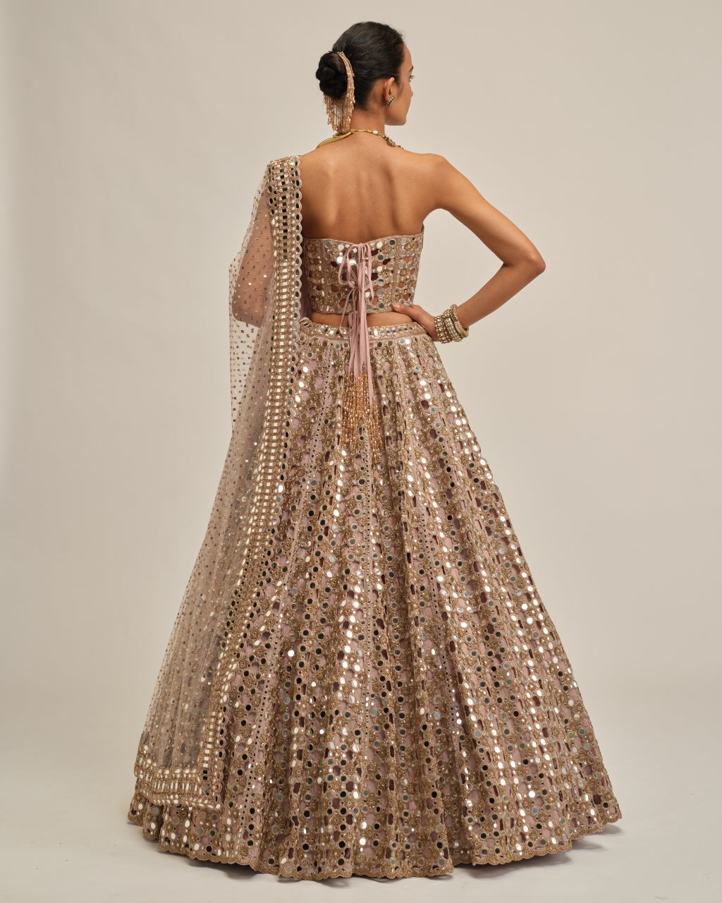 Ash Pink Dense Big Mirror Cutwork Lehenga With Corset Set