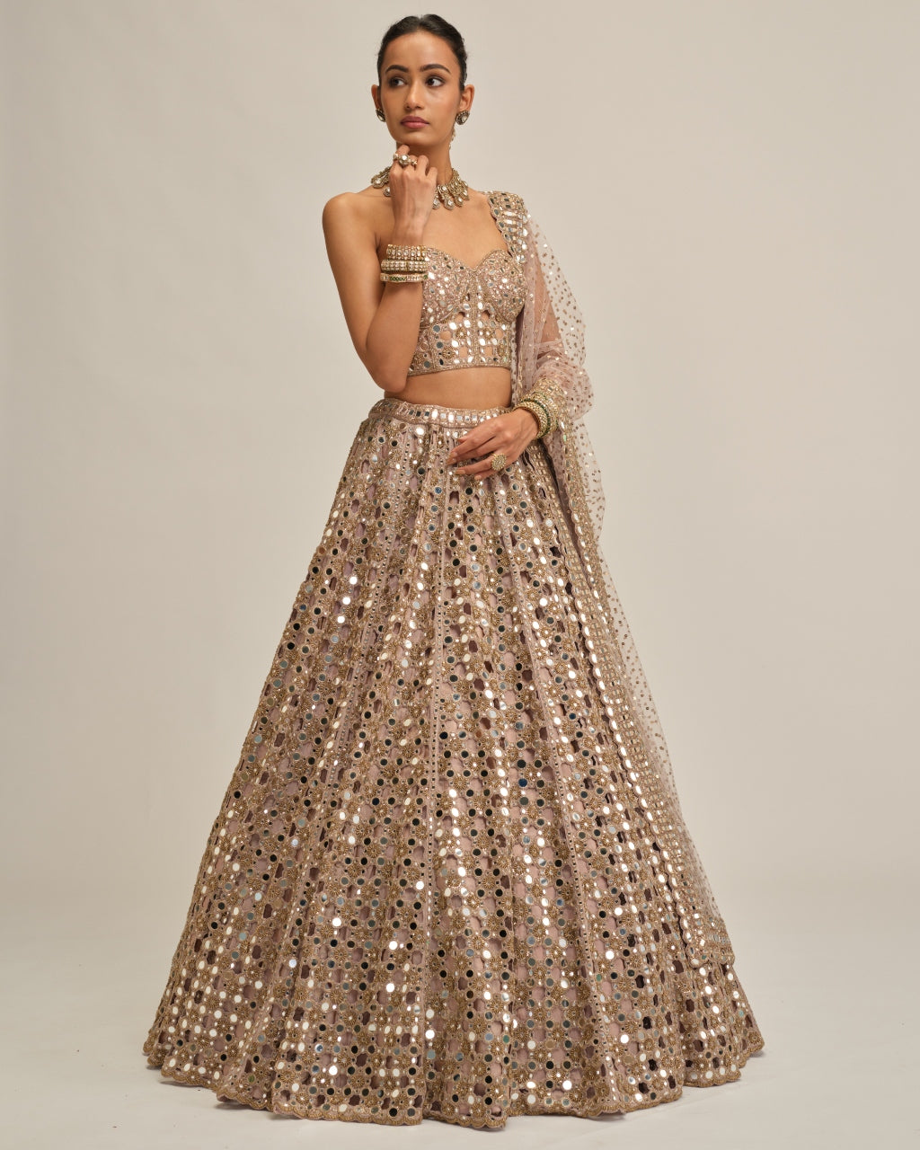 Ash Pink Dense Big Mirror Cutwork Lehenga With Corset Set
