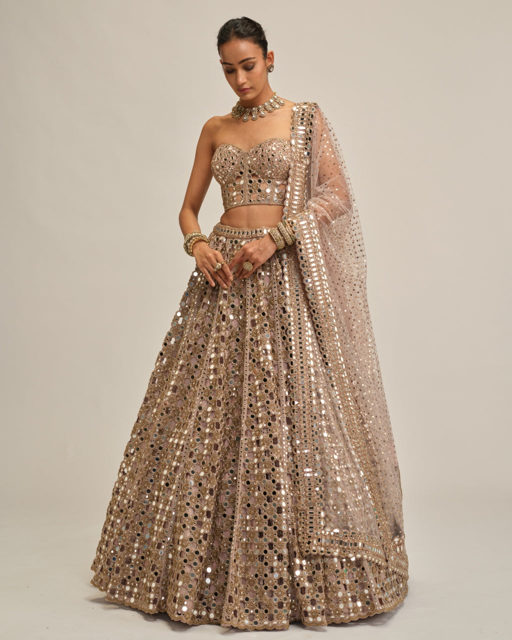 Ash Pink Dense Big Mirror Cutwork Lehenga With Corset Set