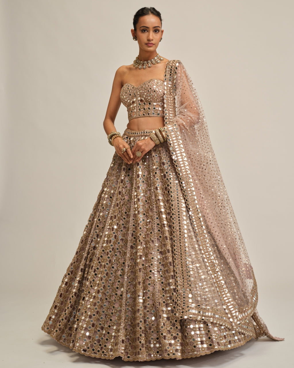 Ash Pink Dense Big Mirror Cutwork Lehenga With Corset Set