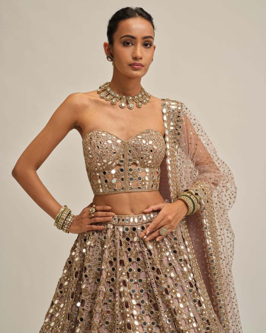 Ash Pink Dense Big Mirror Cutwork Lehenga With Corset Set