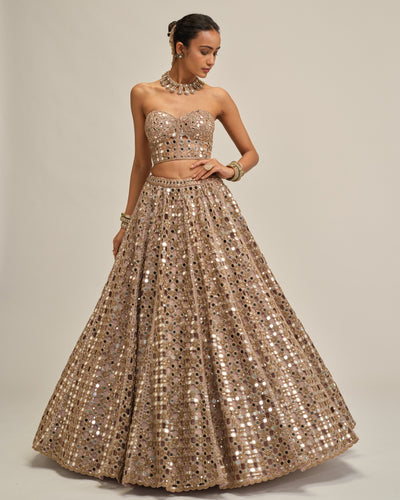Ash Pink Dense Big Mirror Cutwork Crop Top Skirt Set