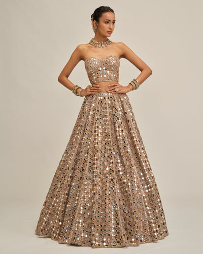 Ash Pink Dense Big Mirror Cutwork Crop Top Skirt Set