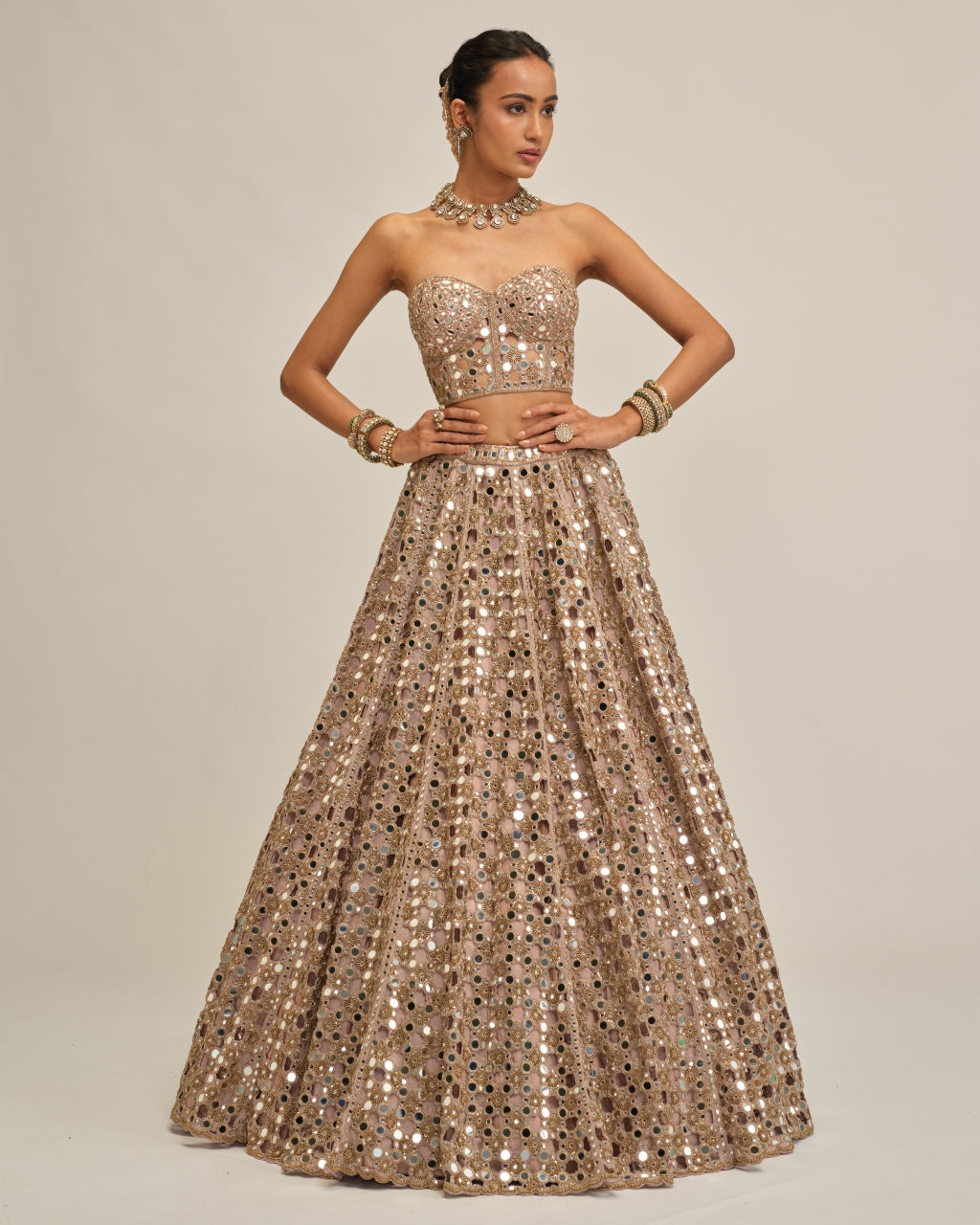 Ash Pink Dense Big Mirror Cutwork Crop Top Skirt Set