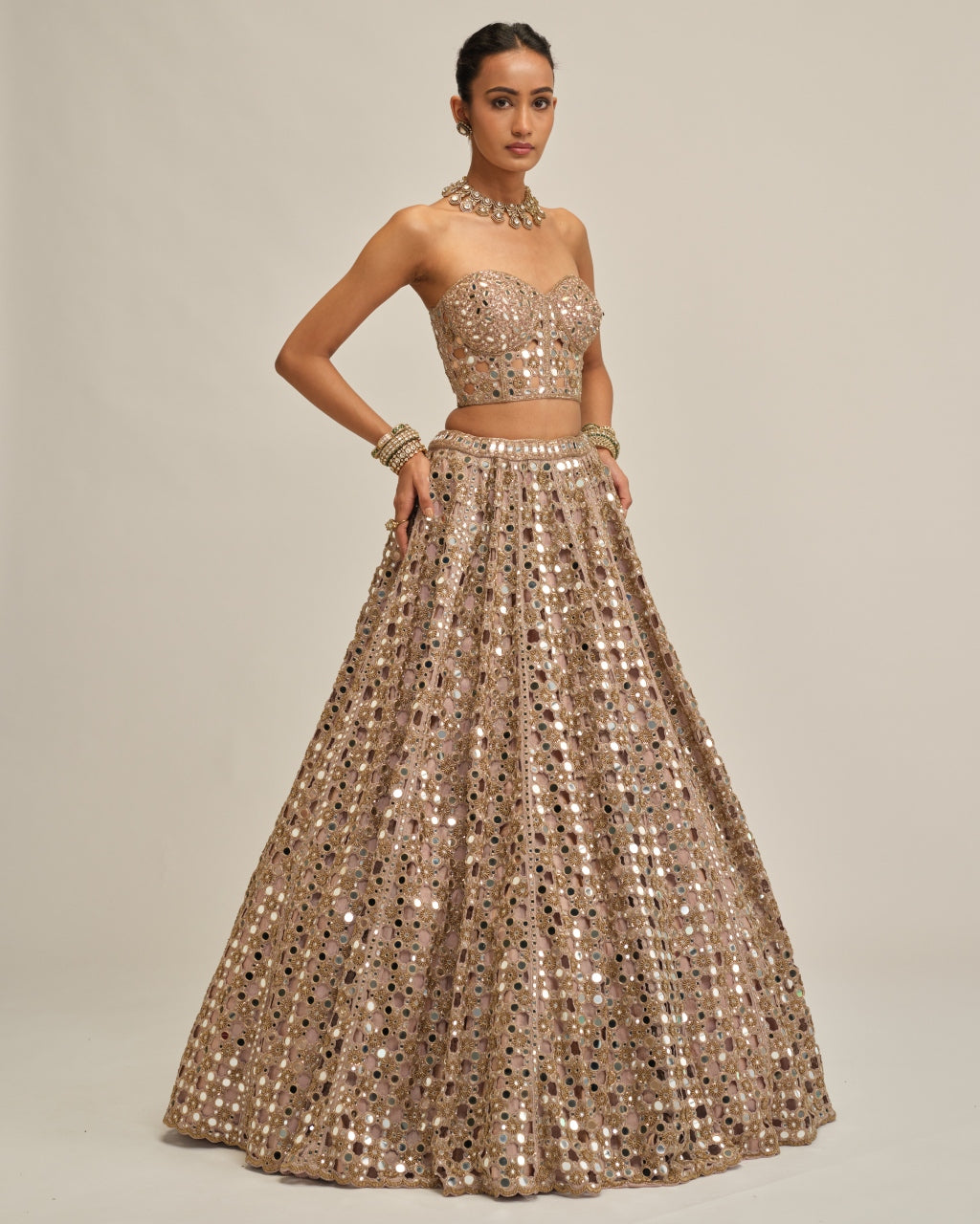 Ash Pink Dense Big Mirror Cutwork Crop Top Skirt Set