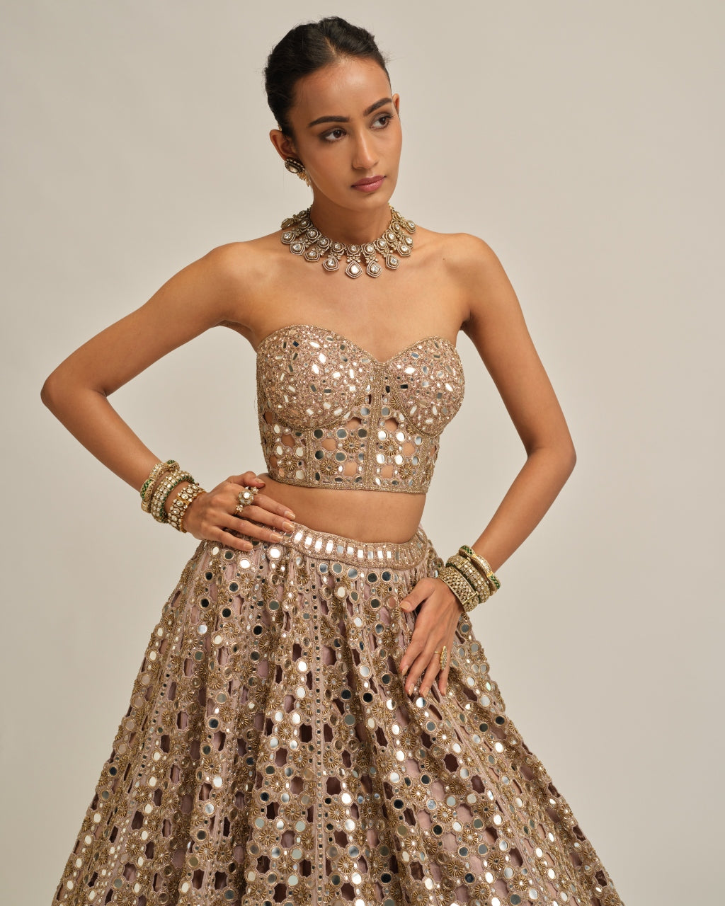 Ash Pink Dense Big Mirror Cutwork Crop Top Skirt Set