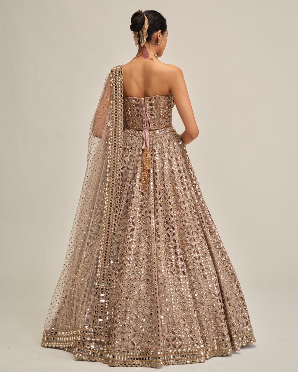 Ash Pink Circular Cutwork Lehenga With Corset Set