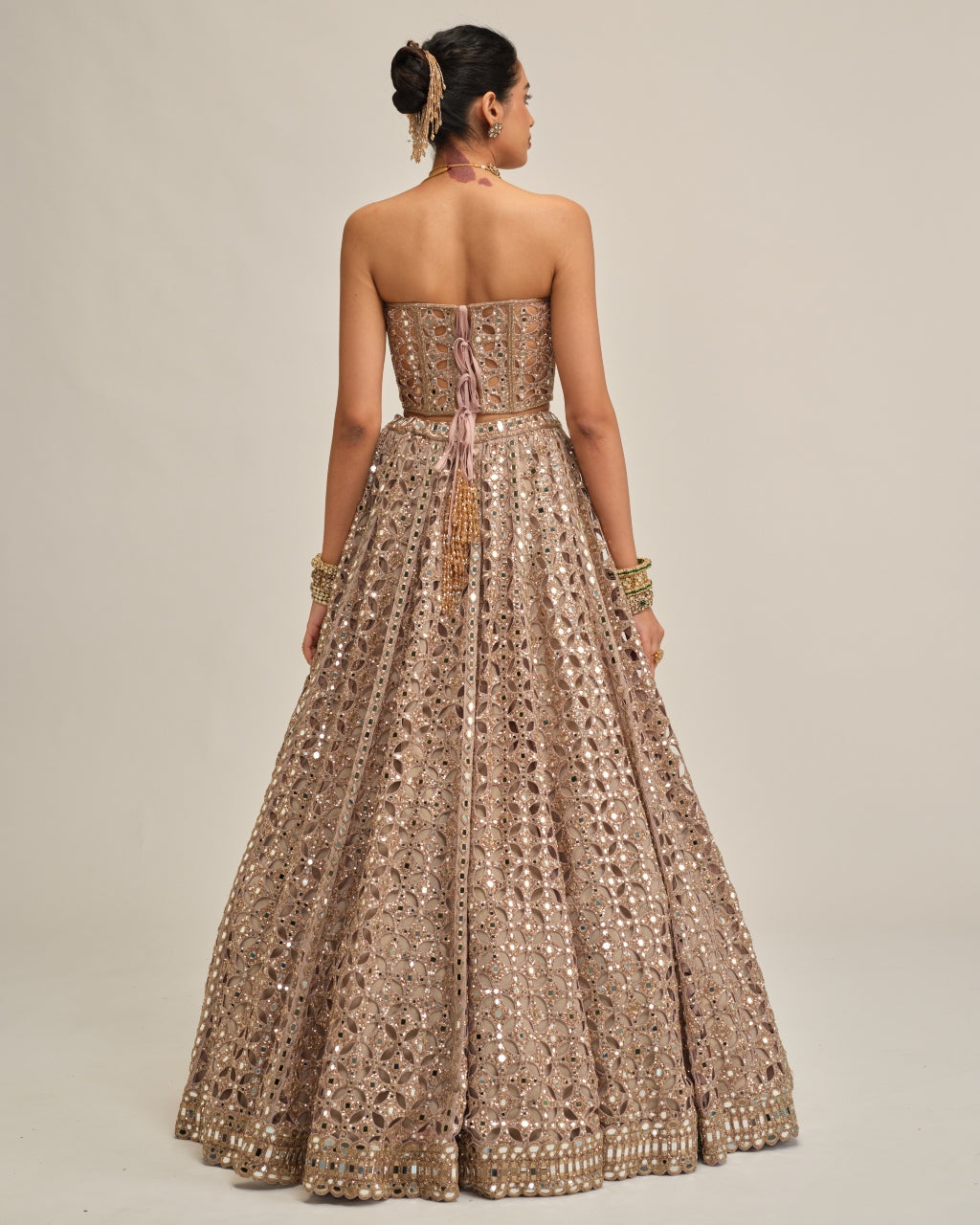 Ash Pink Circular Cutwork Crop Top Skirt Set