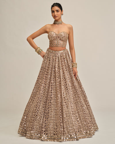 Ash Pink Circular Cutwork Crop Top Skirt Set