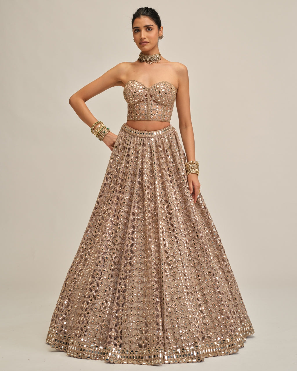 Ash Pink Circular Cutwork Crop Top Skirt Set