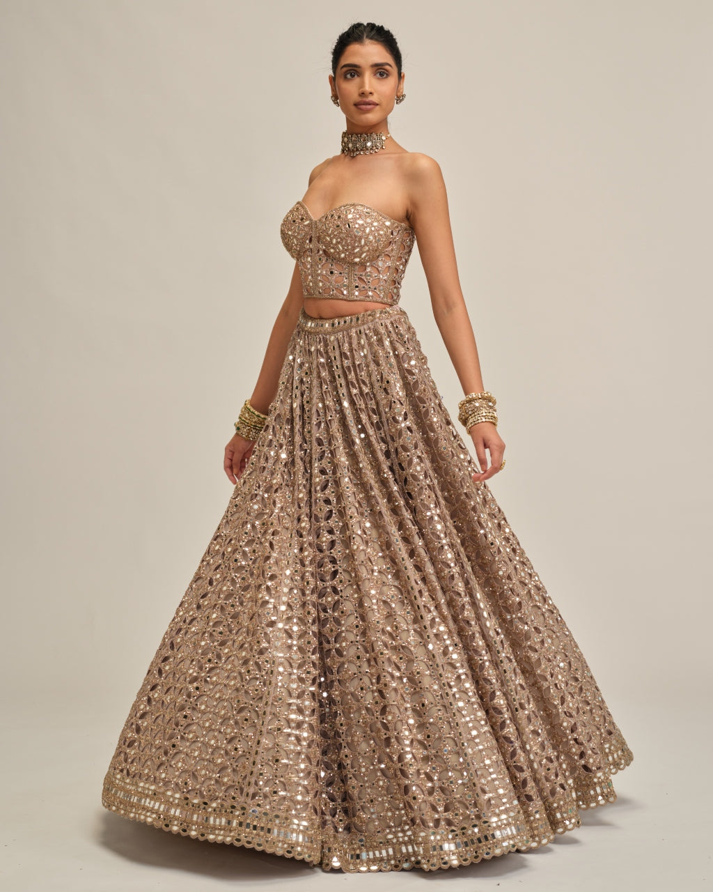 Ash Pink Circular Cutwork Crop Top Skirt Set