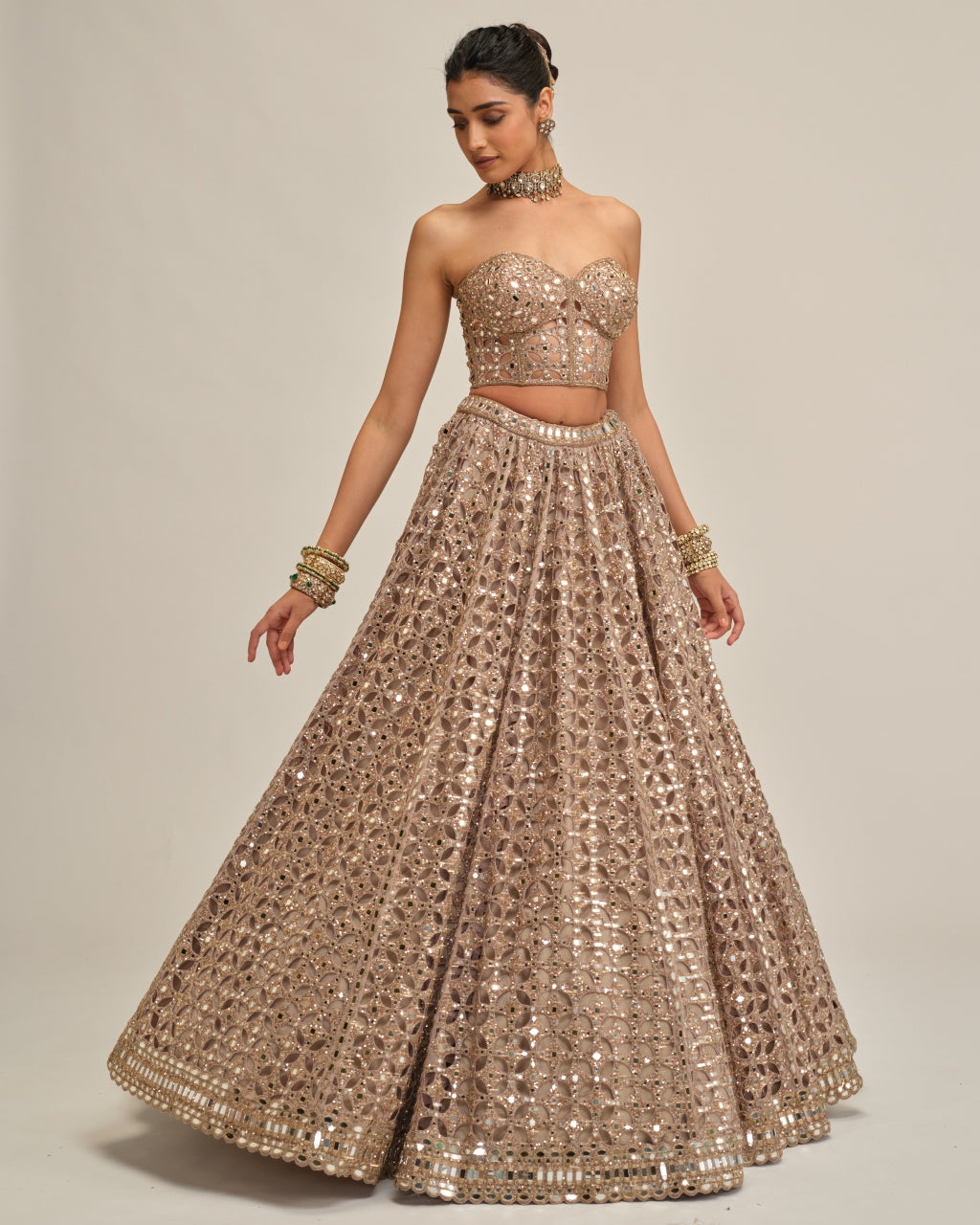 Ash Pink Circular Cutwork Crop Top Skirt Set
