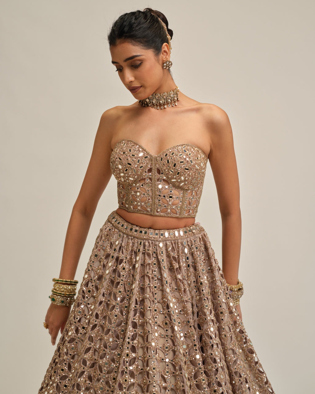 Ash Pink Circular Cutwork Crop Top Skirt Set