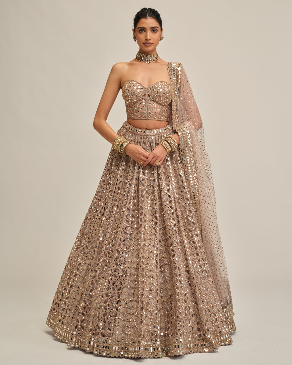 Ash Pink Circular Cutwork Lehenga With Corset Set