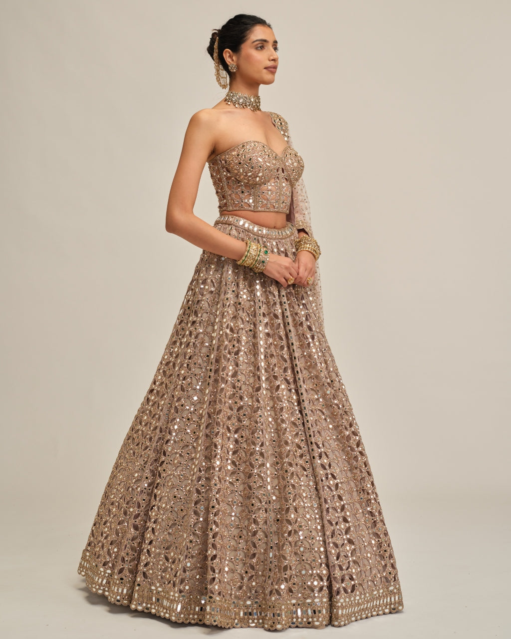 Ash Pink Circular Cutwork Lehenga With Corset Set
