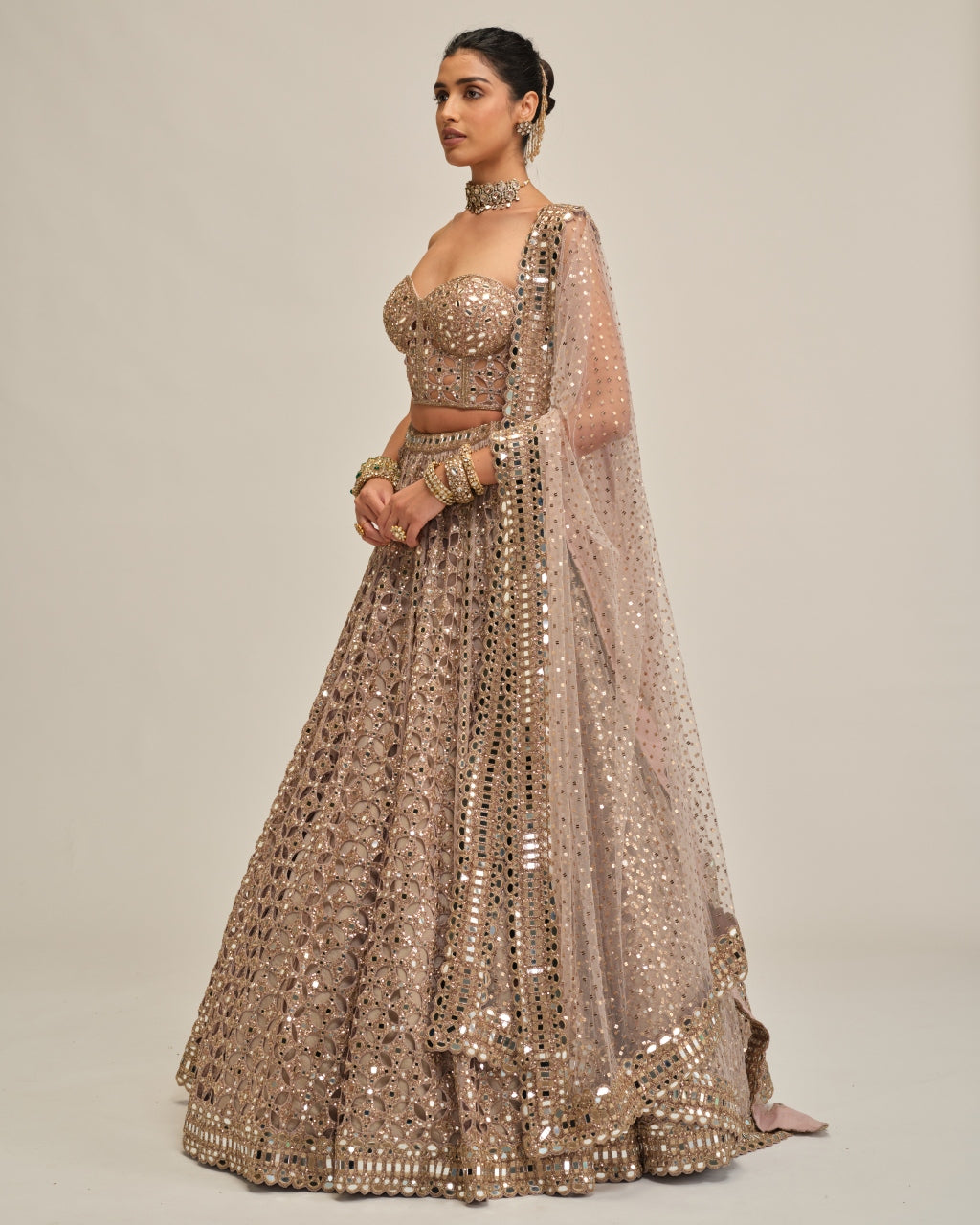 Ash Pink Circular Cutwork Lehenga With Corset Set