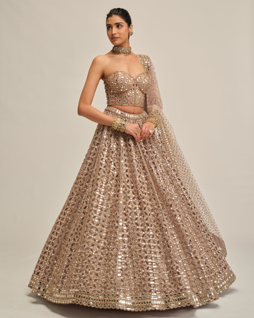 Ash Pink Circular Cutwork Lehenga With Corset Set