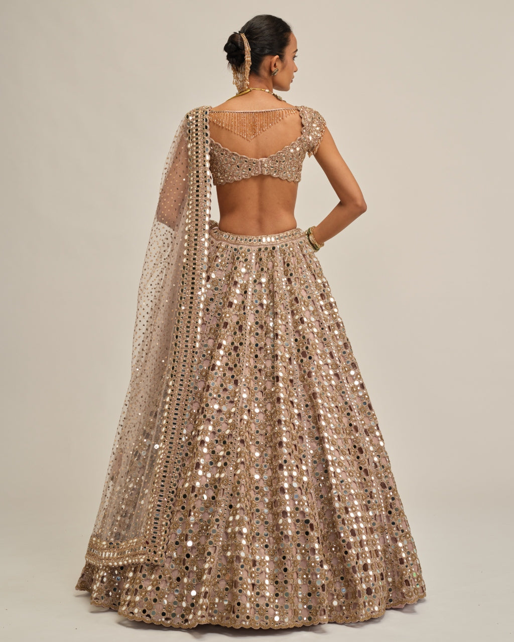 Ash Pink Dense Big Mirror Cutwork Lehenga Set