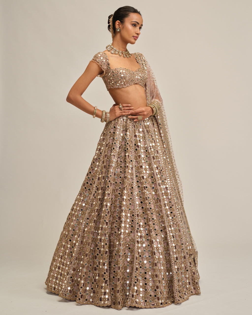 Ash Pink Dense Big Mirror Cutwork Lehenga Set