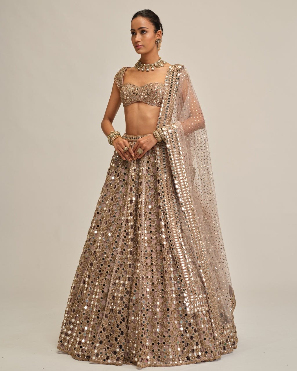 Ash Pink Dense Big Mirror Cutwork Lehenga Set