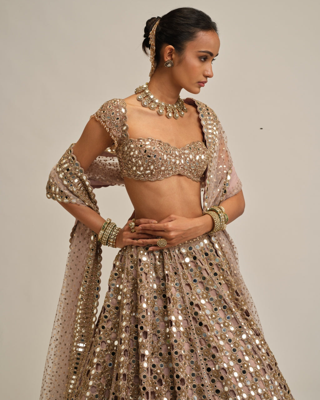 Ash Pink Dense Big Mirror Cutwork Lehenga Set
