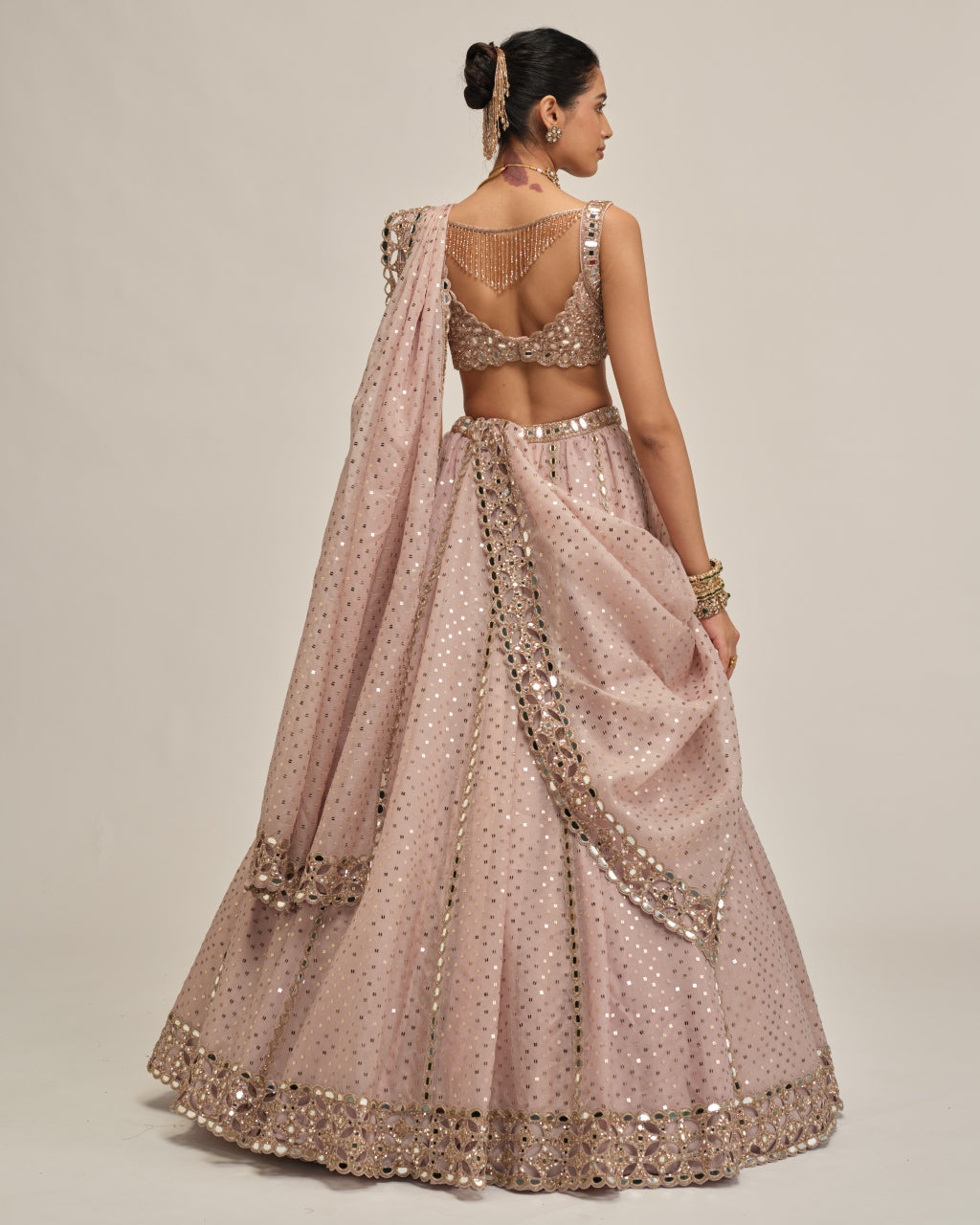 Ash Pink Linear Mirror Sequins Embroidered Lehenga Set