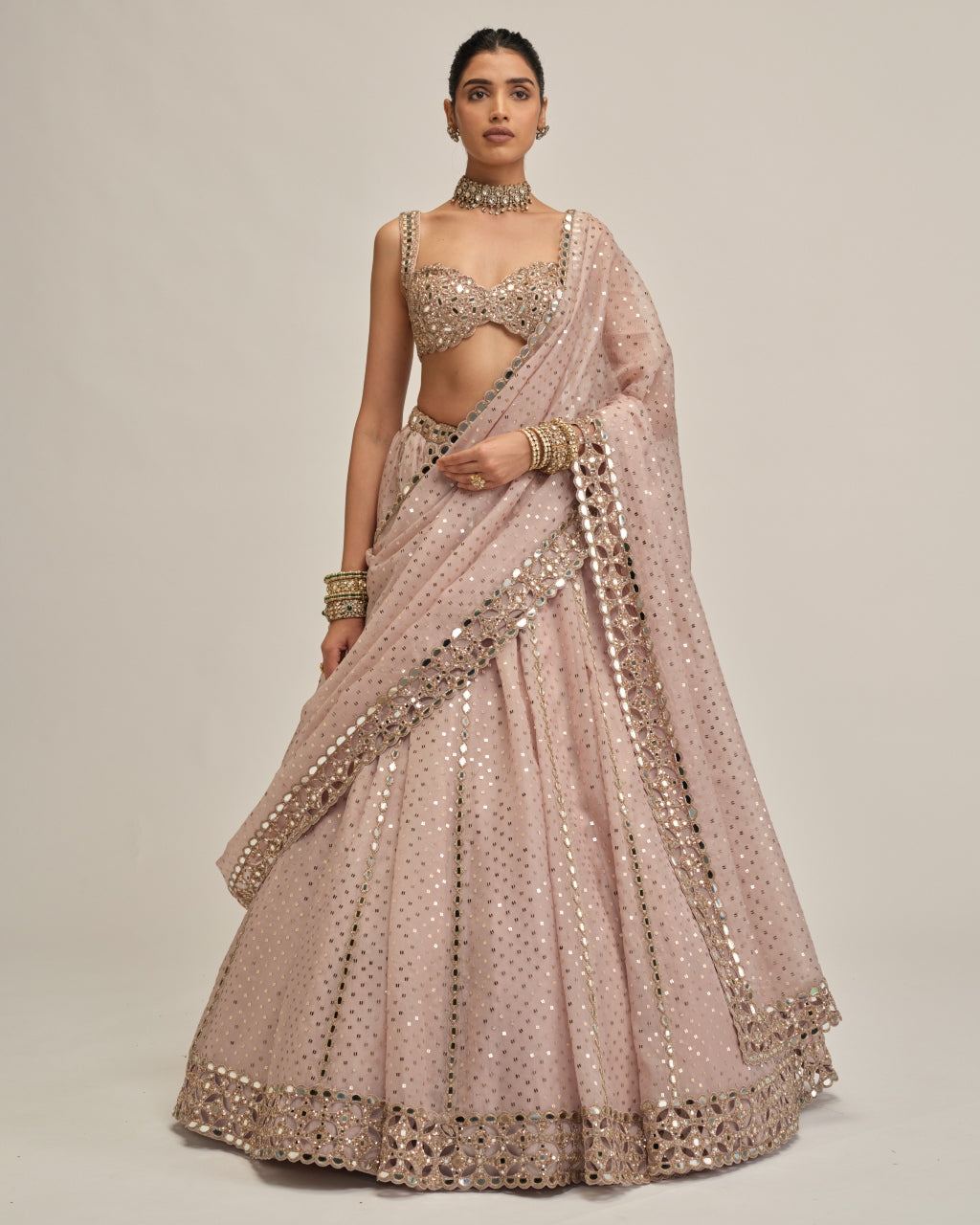 Ash Pink Linear Mirror Sequins Embroidered Lehenga Set