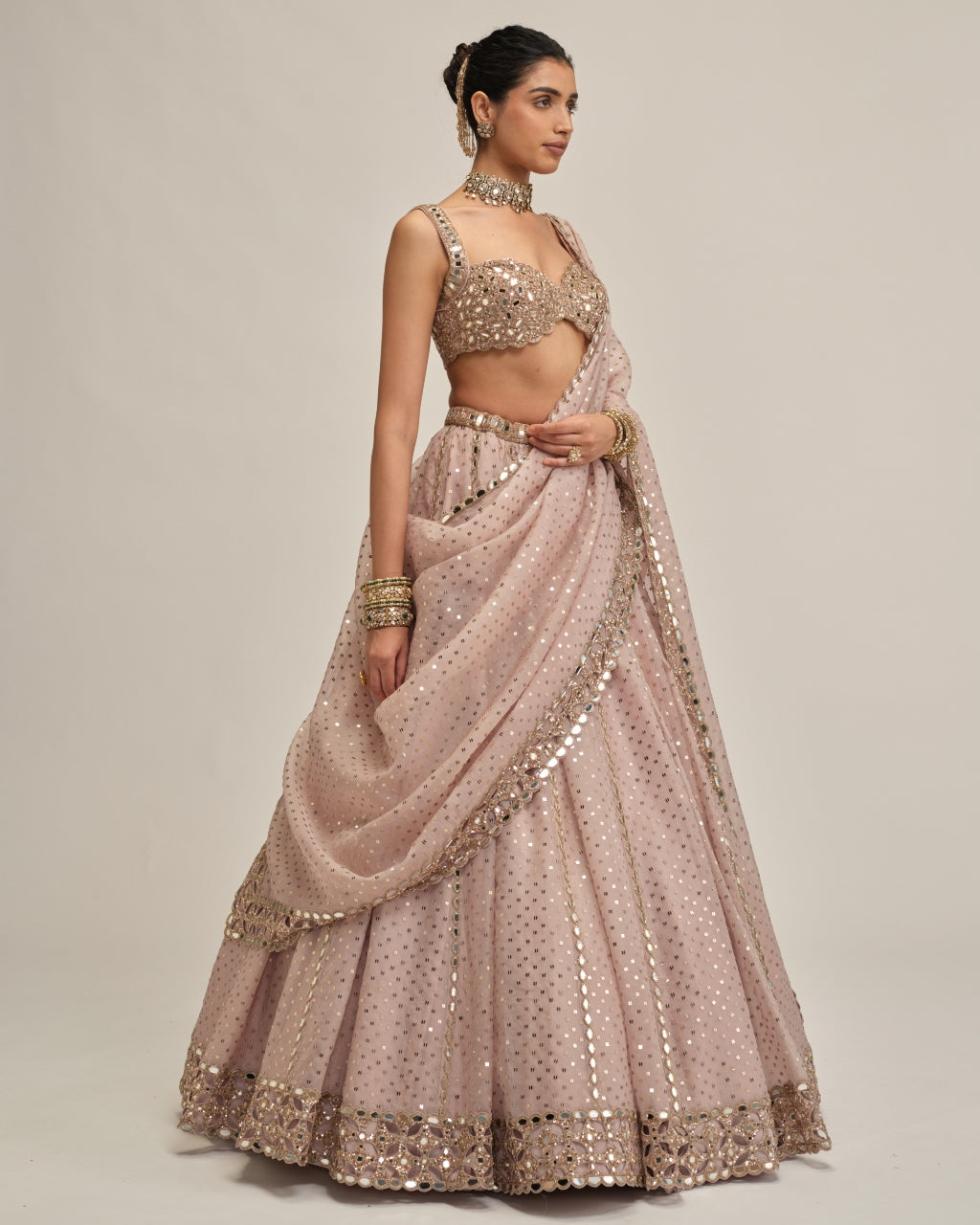 Ash Pink Linear Mirror Sequins Embroidered Lehenga Set