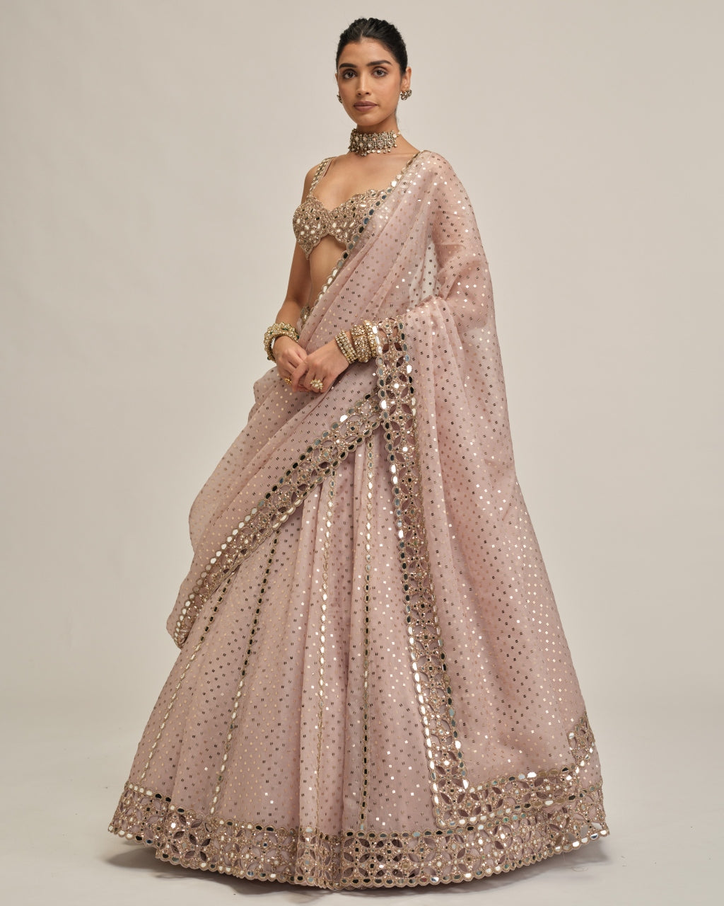 Ash Pink Linear Mirror Sequins Embroidered Lehenga Set