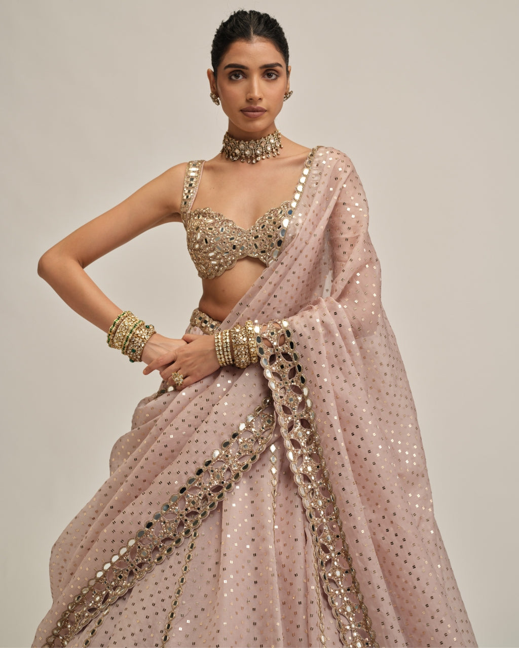 Ash Pink Linear Mirror Sequins Embroidered Lehenga Set