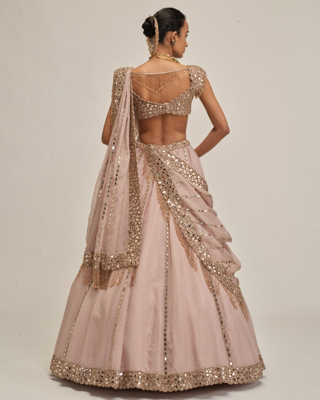 Ash Pink Mirror Linear Embroidered Lehenga Set