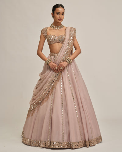 Ash Pink Mirror Linear Embroidered Lehenga Set