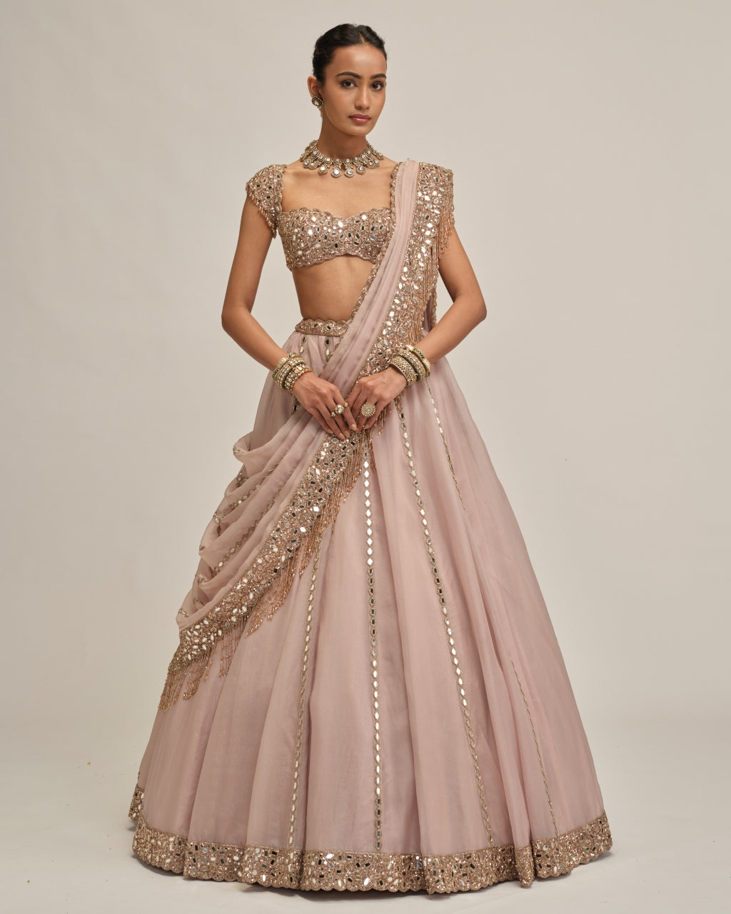 Ash Pink Mirror Linear Embroidered Lehenga Set