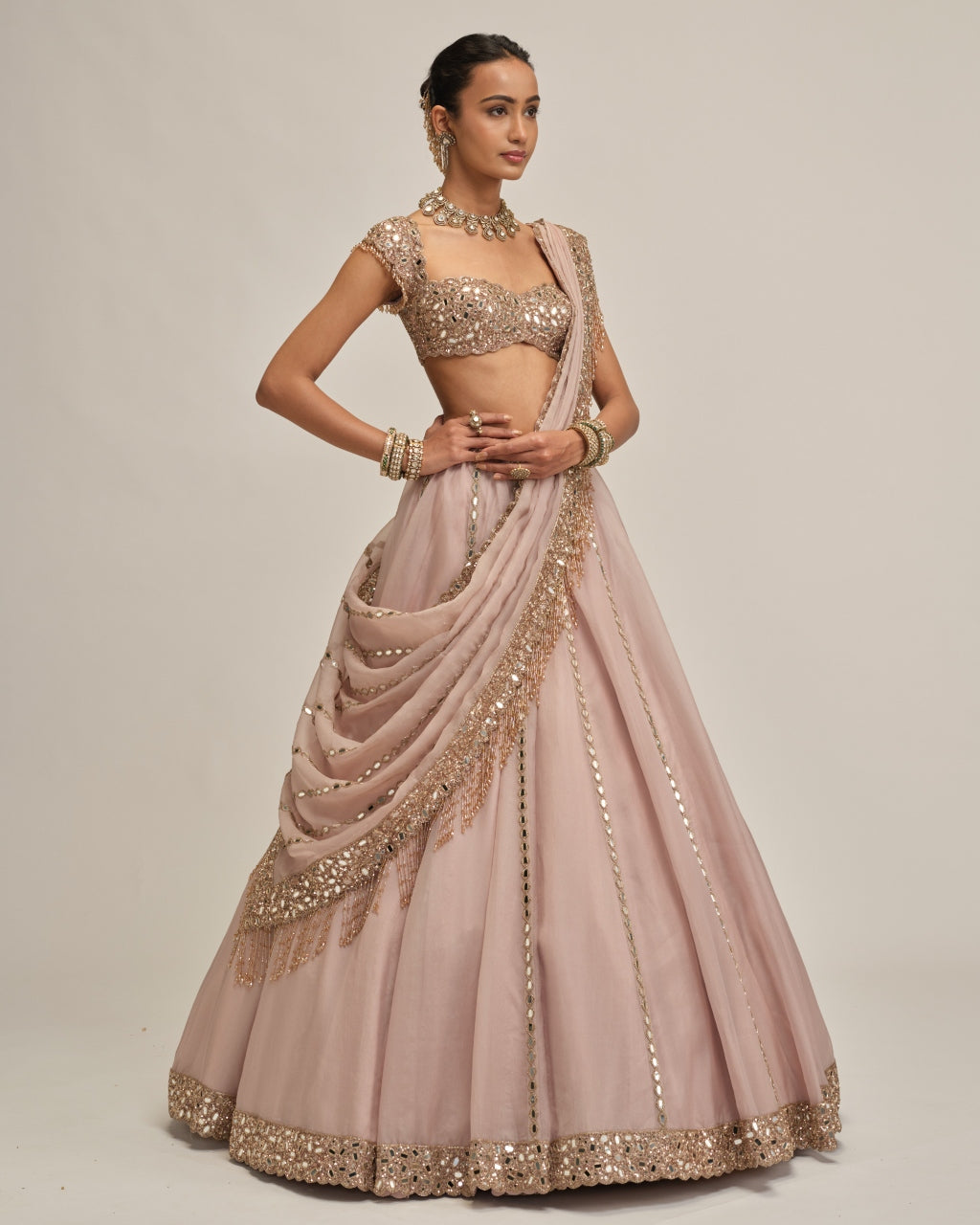 Ash Pink Mirror Linear Embroidered Lehenga Set