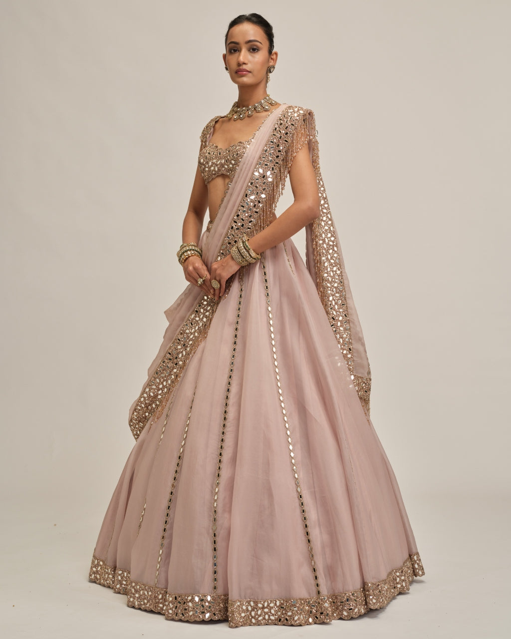 Ash Pink Mirror Linear Embroidered Lehenga Set