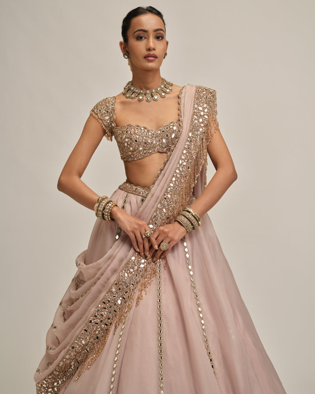 Ash Pink Mirror Linear Embroidered Lehenga Set
