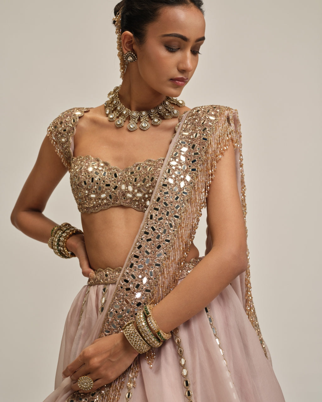 Ash Pink Mirror Linear Embroidered Lehenga Set